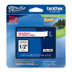 Brother TZE232 1/2in (12MM) Red on White Laminated Tape