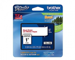 Brother TZe252, TZE-252, TZE 252 1in (24MM) Red on White Laminated Tape