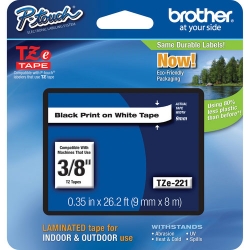 Brother TZE-221, TZe221, TZ221  3/4 in (9mm) Black on White Laminated Tape