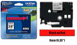Brother TZE421, 3/8in 9MM Black on Red Laminated Tape