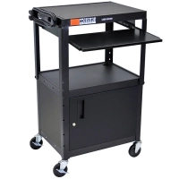 Luxor AVJ42KBC 18" x 24" x 24"-42" Black Steel Adjustable-Height Powered Mobile AV Cart with Locking Cabinet and Keyboard Shelf